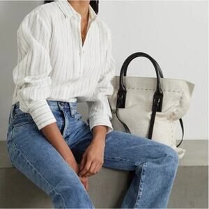 Reformation Preston Striped Linen Button Down Shirt Preppy White Blue S